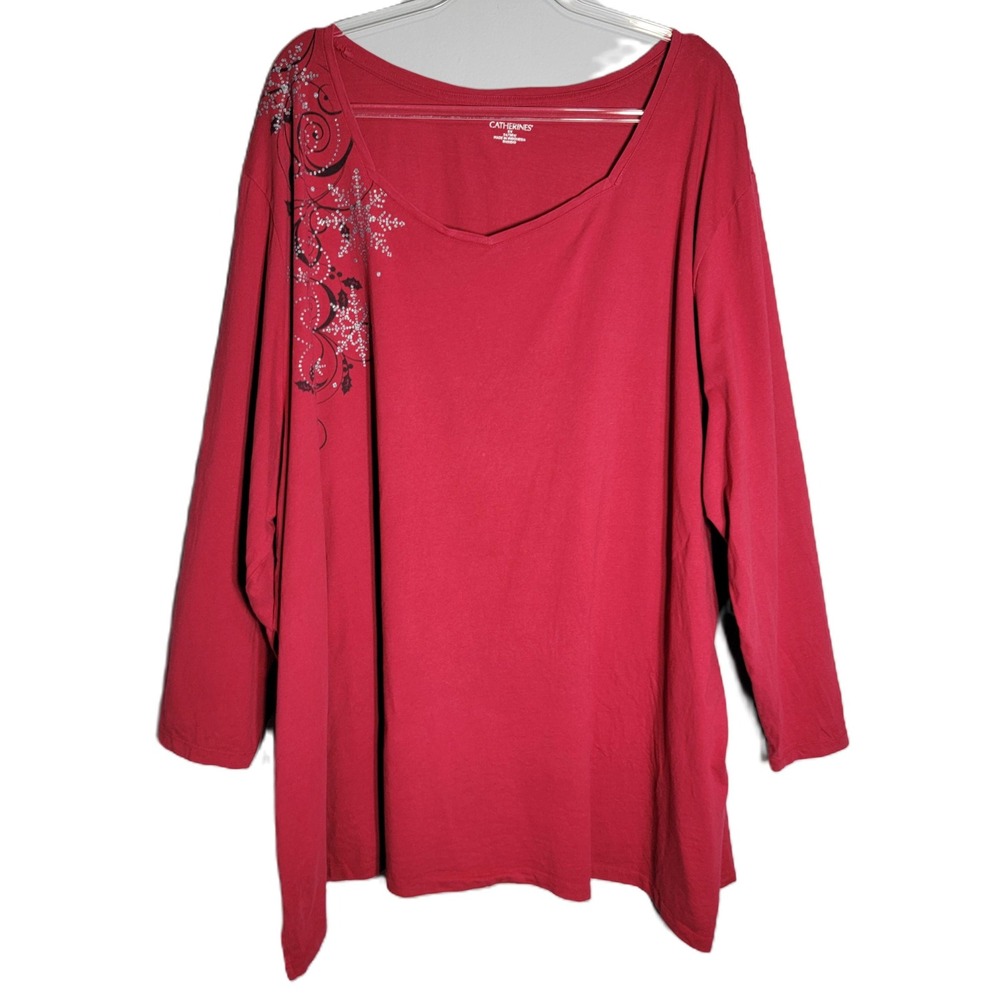 Catherines Plus Size 5X Red Snowflake Print Long Sleeve Tunic Top Cotton Stretch